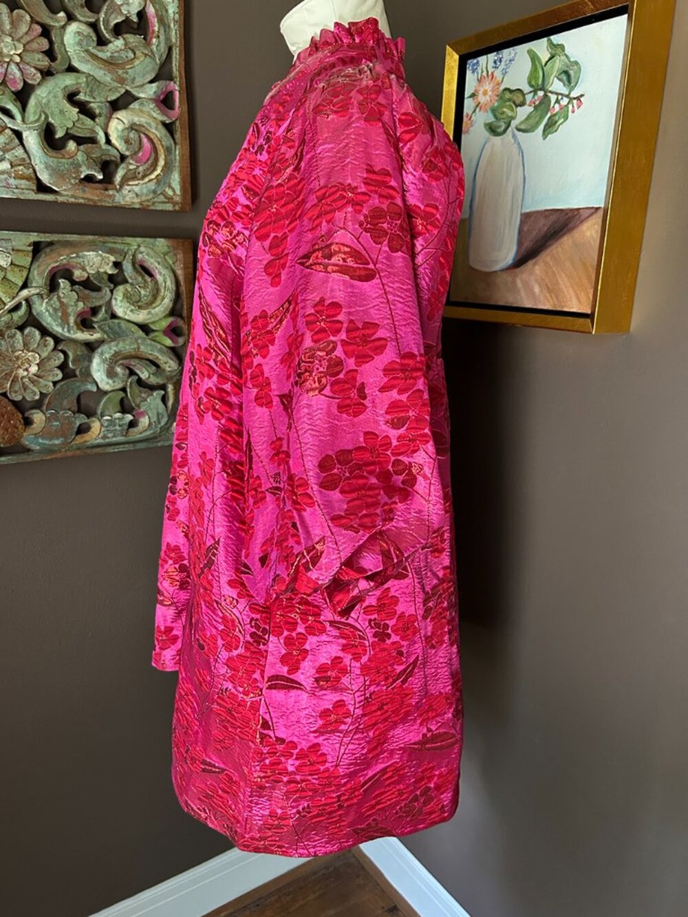 JODIFL Hot Pink & Red Brocade Puff-Sleeve Floral Dress - NWT XL - Picture 7 of 10